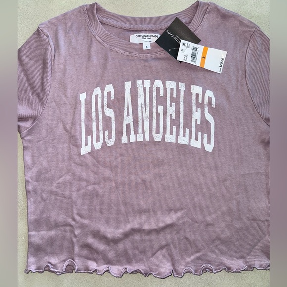 GRAYSON THREADS Juniors' Los Angeles Lettuce-Edge Cropped Top in Purple - Picture 3 of 5